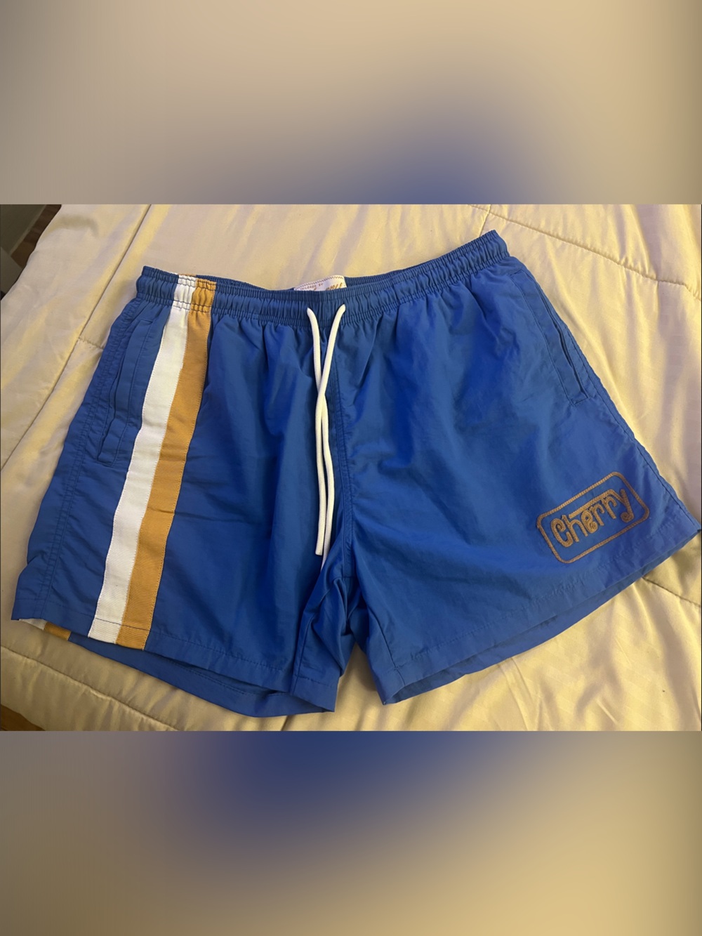 Cherry LA Blue Swim Trunks with White and Gold Stripe